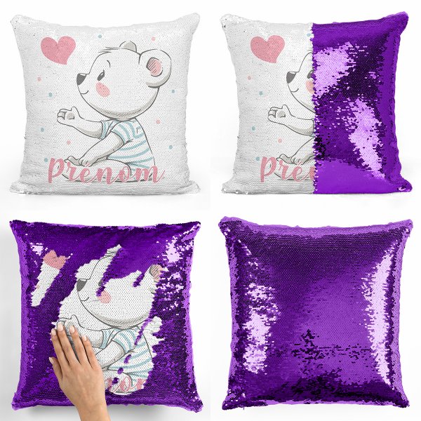 coussin pillow mermaid à sequin magique enfant reversible et personnalisable avec motif ourson coeur de couleur violet