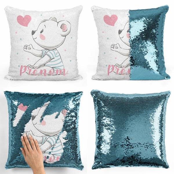 coussin pillow mermaid à sequin magique enfant reversible et personnalisable avec motif ourson coeur de couleur bleu clair