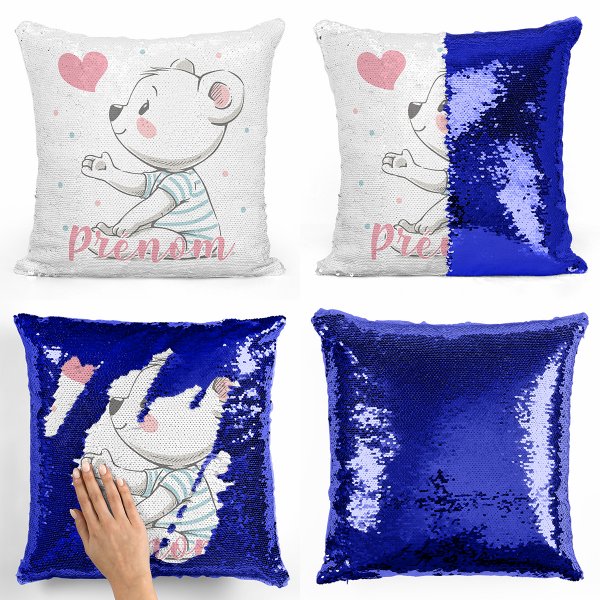 coussin pillow mermaid à sequin magique enfant reversible et personnalisable avec motif ourson coeur de couleur bleu foncé