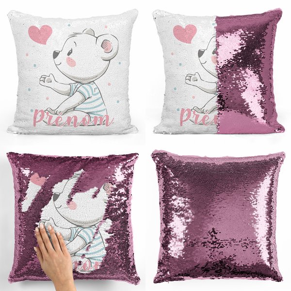 coussin pillow mermaid à sequin magique enfant reversible et personnalisable avec motif ourson coeur de couleur rose clair