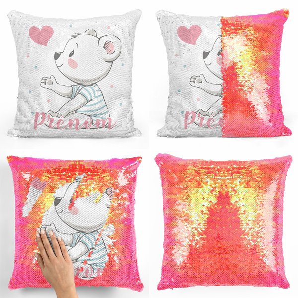 coussin pillow mermaid à sequin magique enfant reversible et personnalisable avec motif ourson coeur de couleur orange nacré