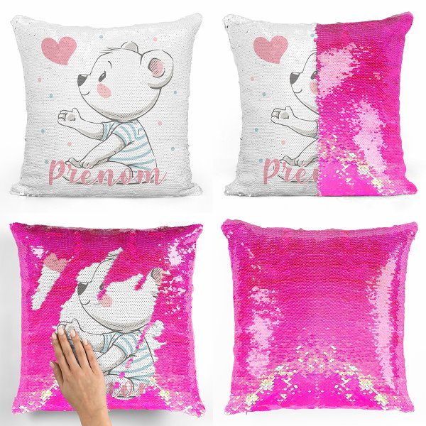 coussin pillow mermaid à sequin magique enfant reversible et personnalisable avec motif ourson coeur de couleur rose nacré