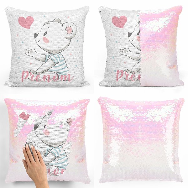 coussin pillow mermaid à sequin magique enfant reversible et personnalisable avec motif ourson coeur de couleur blanc nacré