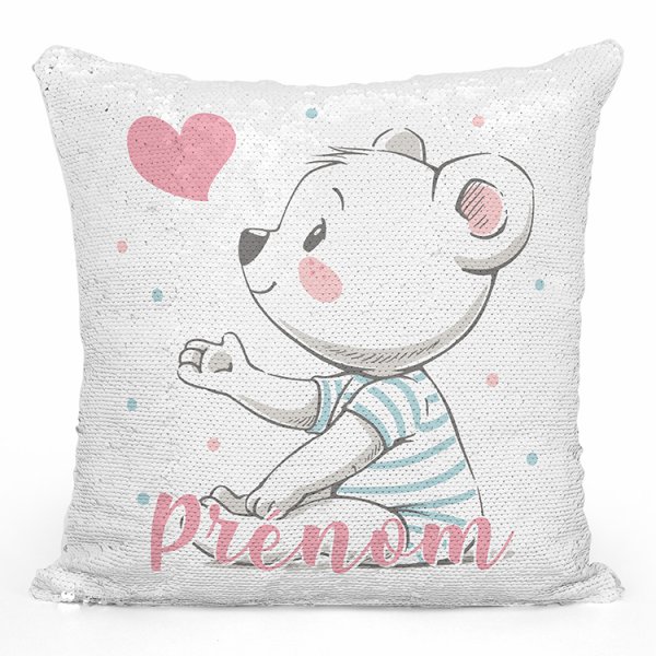 coussin pillow mermaid à sequin magique enfant reversible et personnalisable avec motif ourson coeur