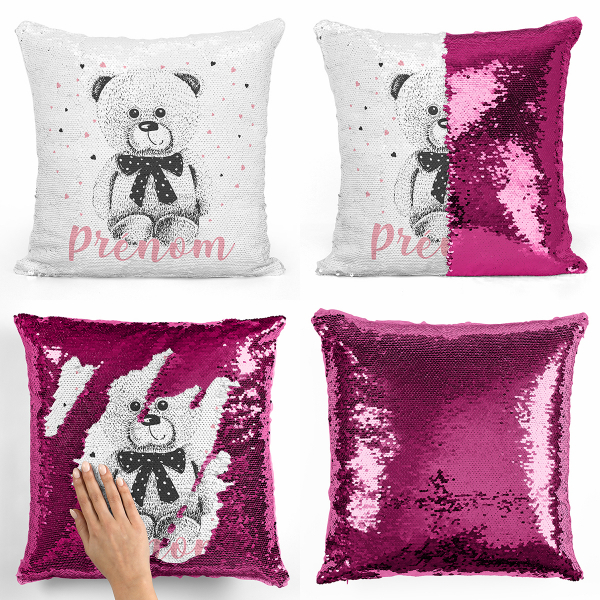 coussin pillow mermaid à sequin magique enfant reversible et personnalisable avec motif ourson coeurs de couleur noir