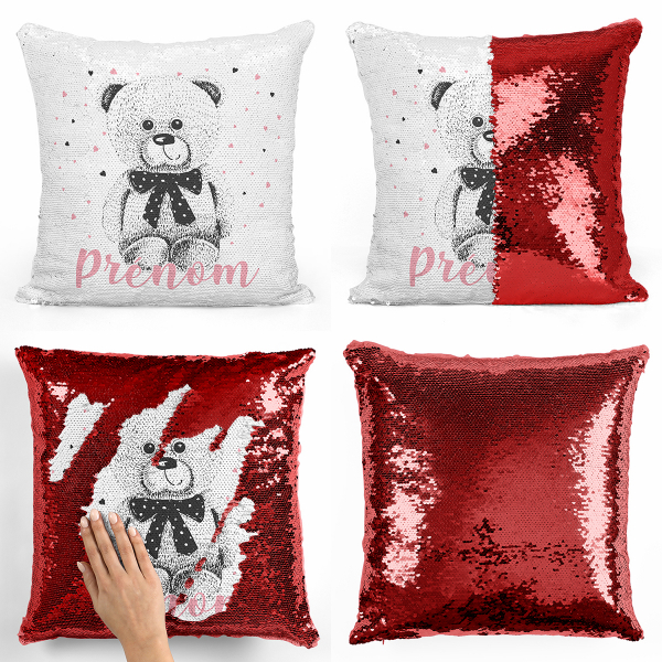 Coussin sequin magique personnalisé - Ourson coeurs