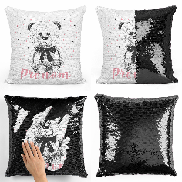 Coussin sequin magique personnalisé - Ourson coeurs