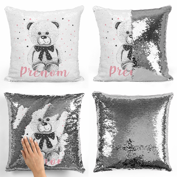 Coussin sequin magique personnalisé - Ourson coeurs