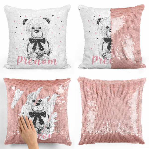 Coussin sequin magique personnalisé - Ourson coeurs