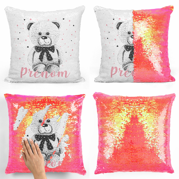 Coussin sequin magique personnalisé - Ourson coeurs