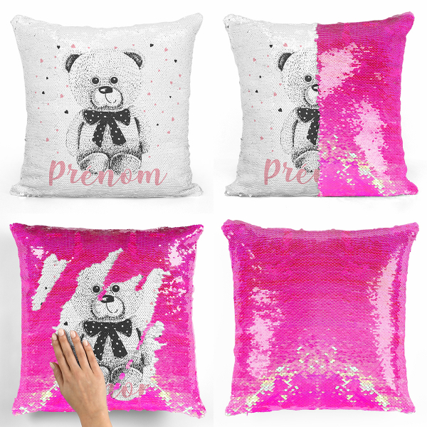 Coussin sequin magique personnalisé - Ourson coeurs