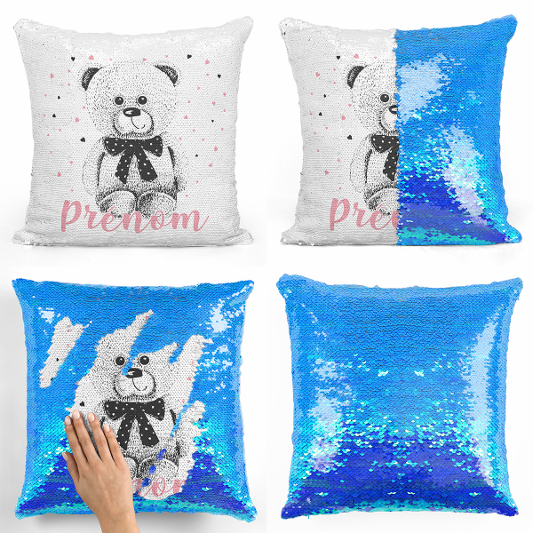 Coussin sequin magique personnalisé - Ourson coeurs