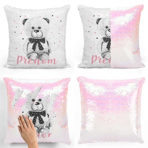 Coussin sequin magique personnalisé - Ourson coeurs