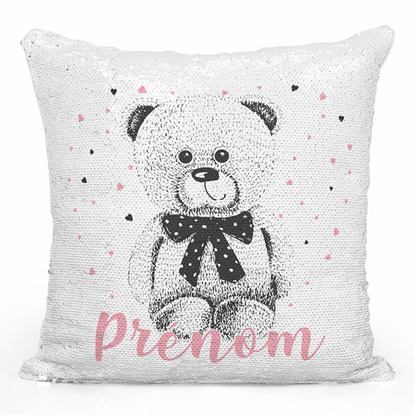 Coussin sequin magique personnalisé - Ourson coeurs