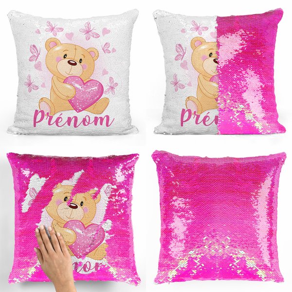 coussin pillow mermaid à sequin magique enfant reversible et personnalisable avec motif ourson coeurs papillons de couleur rose nacré