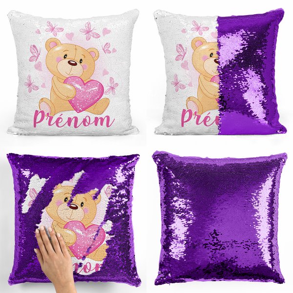 coussin pillow mermaid à sequin magique enfant reversible et personnalisable avec motif ourson coeurs papillons de couleur violet