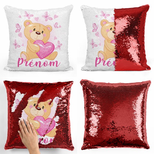 coussin pillow mermaid à sequin magique enfant reversible et personnalisable avec motif ourson coeurs papillons de couleur rouge