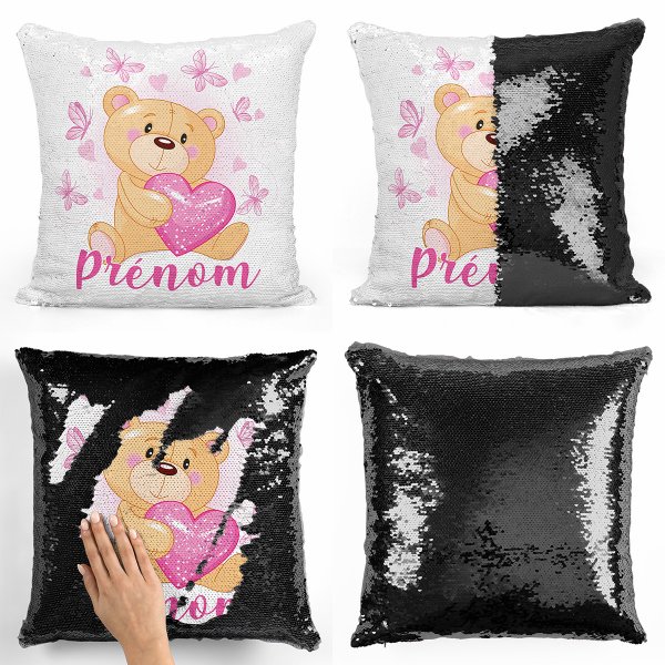 coussin pillow mermaid à sequin magique enfant reversible et personnalisable avec motif ourson coeurs papillons de couleur noir