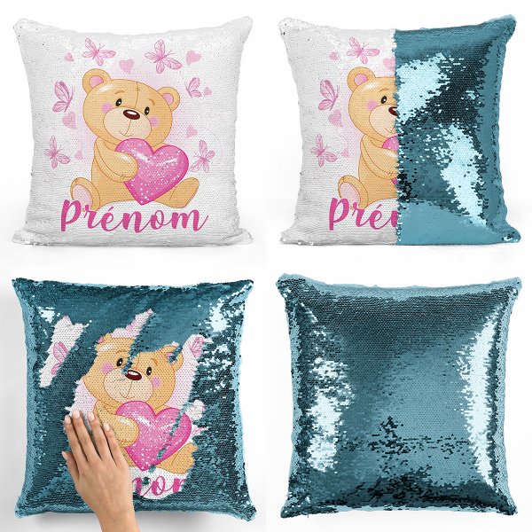 coussin pillow mermaid à sequin magique enfant reversible et personnalisable avec motif ourson coeurs papillons de couleur bleu clair