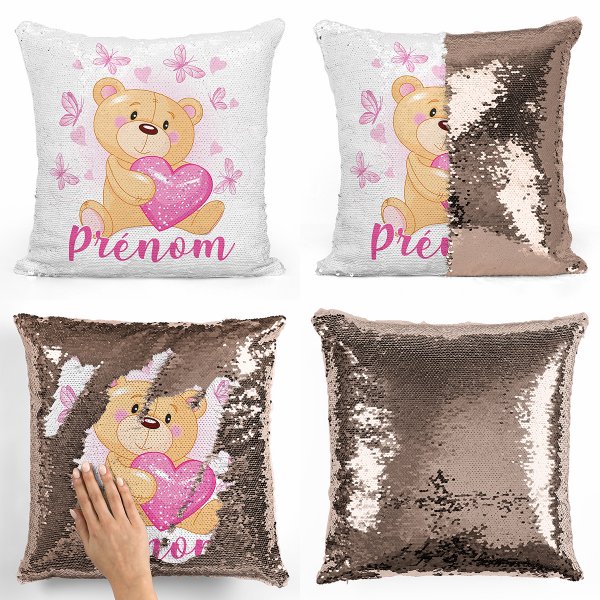 coussin pillow mermaid à sequin magique enfant reversible et personnalisable avec motif ourson coeurs papillons de couleur champagne