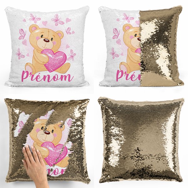 coussin pillow mermaid à sequin magique enfant reversible et personnalisable avec motif ourson coeurs papillons de couleur or doré