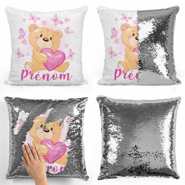 coussin pillow mermaid à sequin magique enfant reversible et personnalisable avec motif ourson coeurs papillons de couleur argent