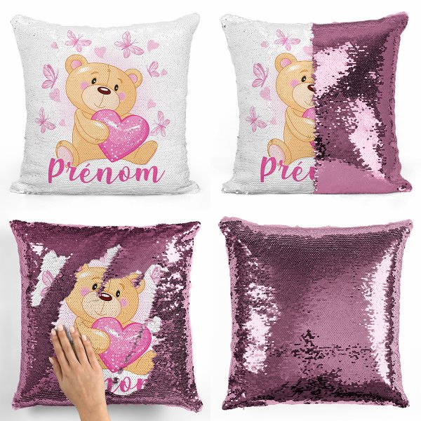 coussin pillow mermaid à sequin magique enfant reversible et personnalisable avec motif ourson coeurs papillons de couleur rose clair