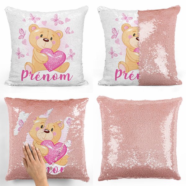 coussin pillow mermaid à sequin magique enfant reversible et personnalisable avec motif ourson coeurs papillons de couleur saumon