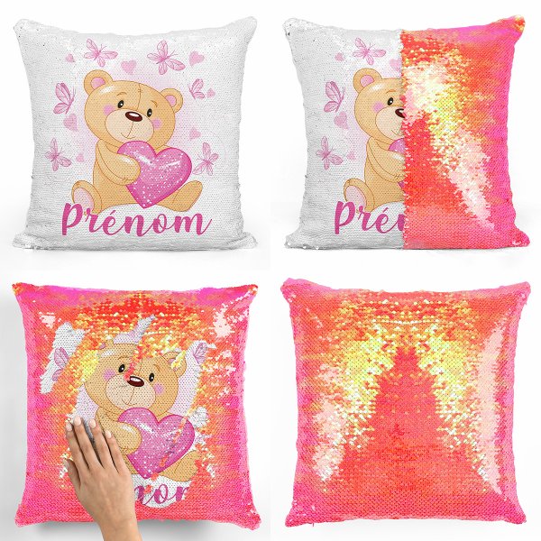 coussin pillow mermaid à sequin magique enfant reversible et personnalisable avec motif ourson coeurs papillons de couleur orange nacré