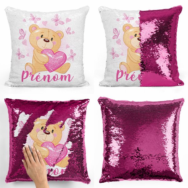 coussin pillow mermaid à sequin magique enfant reversible et personnalisable avec motif ourson coeurs papillons de couleur fushia