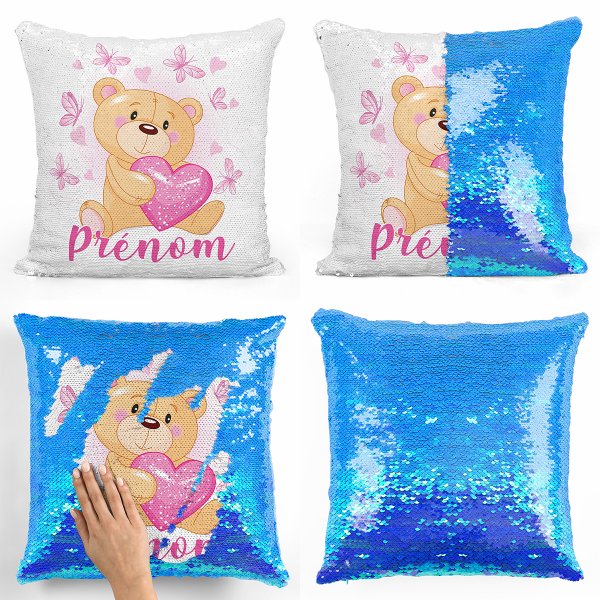 coussin pillow mermaid à sequin magique enfant reversible et personnalisable avec motif ourson coeurs papillons de couleur bleu nacré