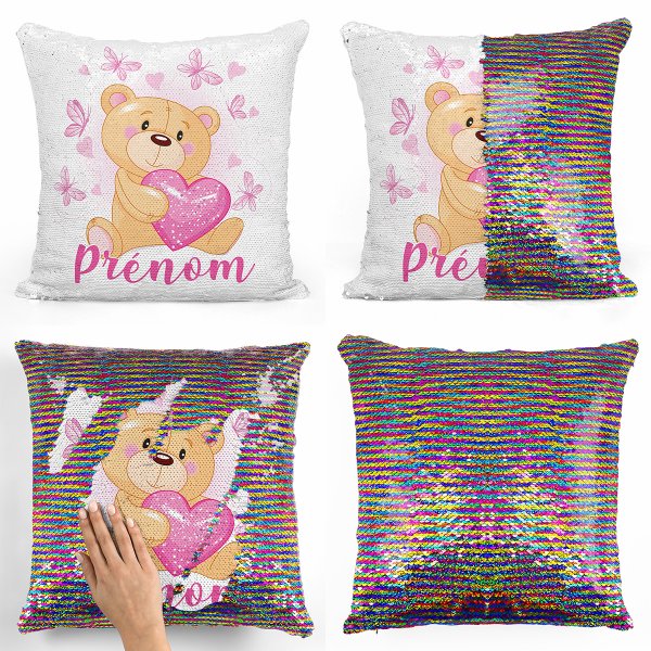 coussin pillow mermaid à sequin magique enfant reversible et personnalisable avec motif ourson coeurs papillons de couleur multicolore