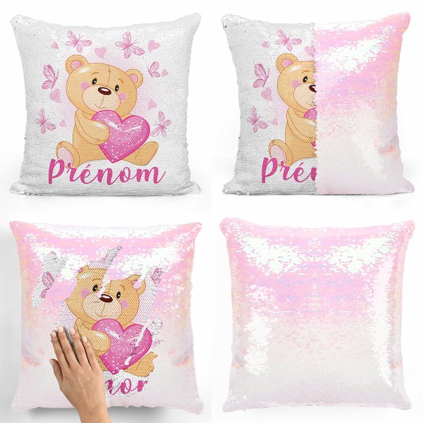 coussin pillow mermaid à sequin magique enfant reversible et personnalisable avec motif ourson coeurs papillons de couleur blanc nacré