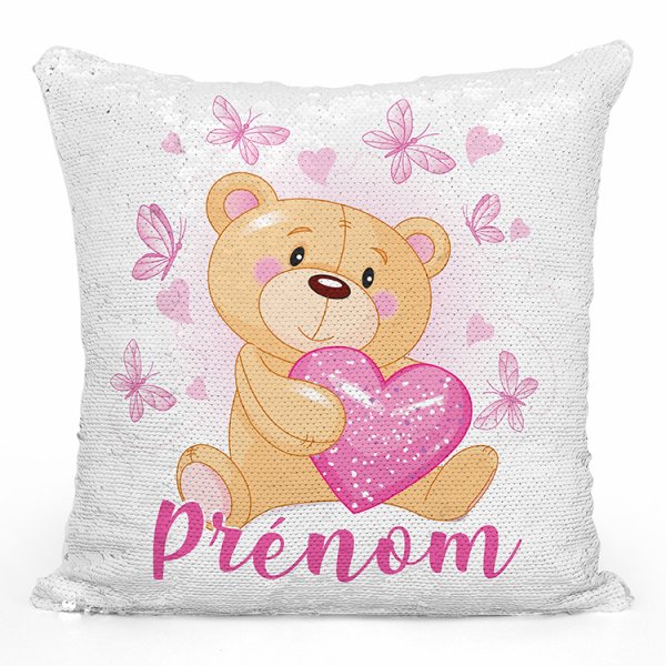 coussin pillow mermaid à sequin magique enfant reversible et personnalisable avec motif ourson coeurs papillons