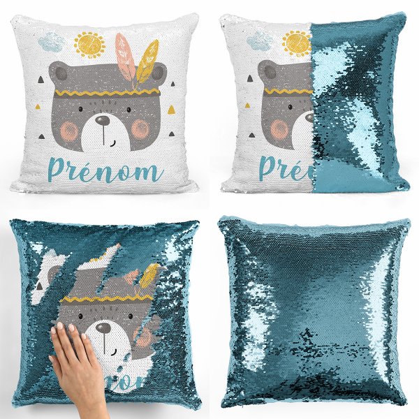 coussin pillow mermaid à sequin magique enfant reversible et personnalisable avec motif ourson indien de couleur bleu clair