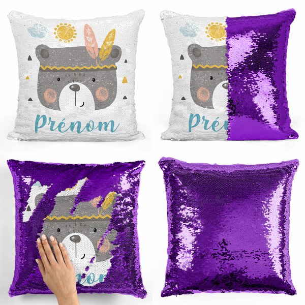 coussin pillow mermaid à sequin magique enfant reversible et personnalisable avec motif ourson indien de couleur violet