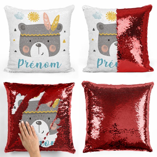 coussin pillow mermaid à sequin magique enfant reversible et personnalisable avec motif ourson indien de couleur rouge