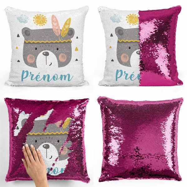 coussin pillow mermaid à sequin magique enfant reversible et personnalisable avec motif ourson indien de couleur fushia