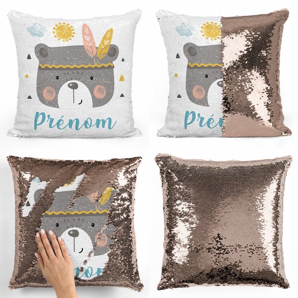 coussin pillow mermaid à sequin magique enfant reversible et personnalisable avec motif ourson indien de couleur champagne