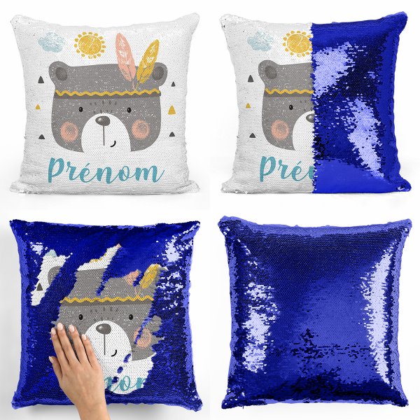 coussin pillow mermaid à sequin magique enfant reversible et personnalisable avec motif ourson indien de couleur bleu foncé