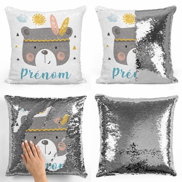 coussin pillow mermaid à sequin magique enfant reversible et personnalisable avec motif ourson indien de couleur argent