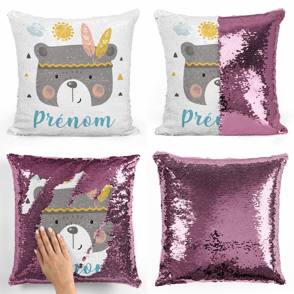 coussin pillow mermaid à sequin magique enfant reversible et personnalisable avec motif ourson indien de couleur rose clair