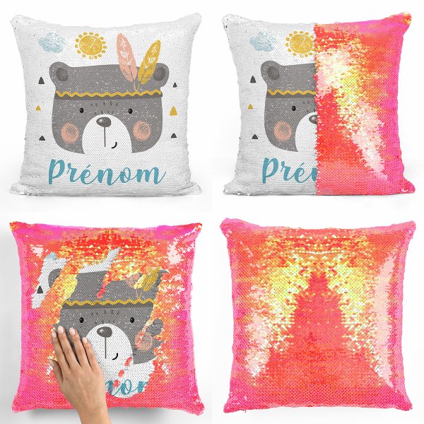 coussin pillow mermaid à sequin magique enfant reversible et personnalisable avec motif ourson indien de couleur orange nacré