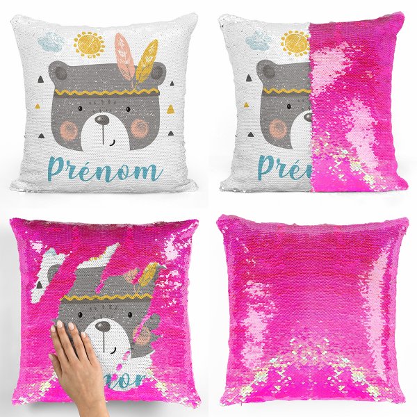 coussin pillow mermaid à sequin magique enfant reversible et personnalisable avec motif ourson indien de couleur rose nacré