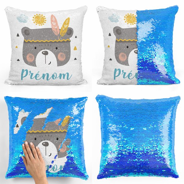 coussin pillow mermaid à sequin magique enfant reversible et personnalisable avec motif ourson indien de couleur bleu nacré