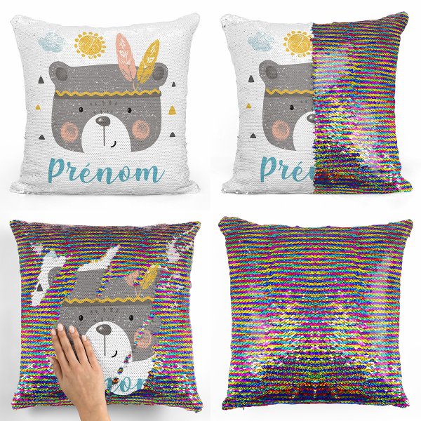 coussin pillow mermaid à sequin magique enfant reversible et personnalisable avec motif ourson indien de couleur multicolore