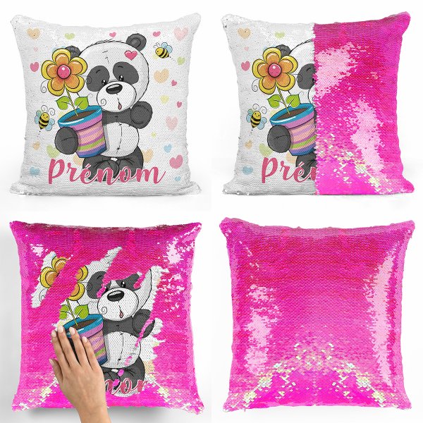 coussin pillow mermaid à sequin magique enfant reversible et personnalisable avec motif panda pot de fleur de couleur rose nacré