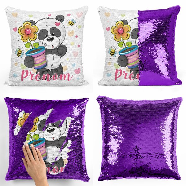 coussin pillow mermaid à sequin magique enfant reversible et personnalisable avec motif panda pot de fleur de couleur violet