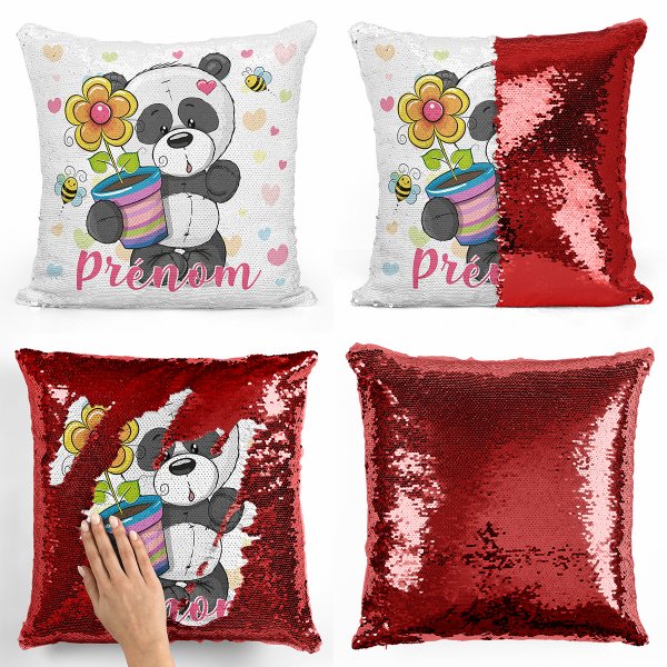 coussin pillow mermaid à sequin magique enfant reversible et personnalisable avec motif panda pot de fleur de couleur rouge