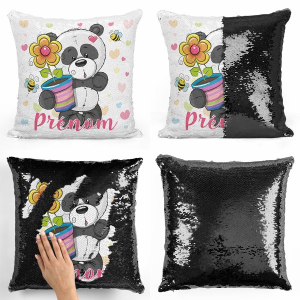 coussin pillow mermaid à sequin magique enfant reversible et personnalisable avec motif panda pot de fleur de couleur noir